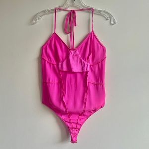 Wendelborn fuscha pink halter neck inside out bodysuit top